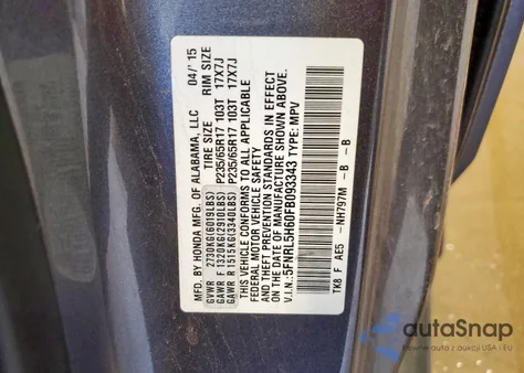 2015 Honda Odyssey Exl from USA, damaged, VIN 5FNRL5H60FB093343